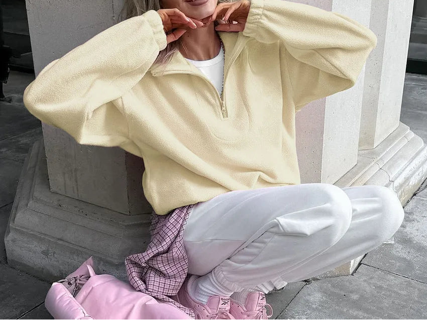 Women Autumn Winter Fleece Hoodies Elegant Stand Collar Zipper Loose Sweatshirt Elegant Solid Pullover Casual Top Streetwear