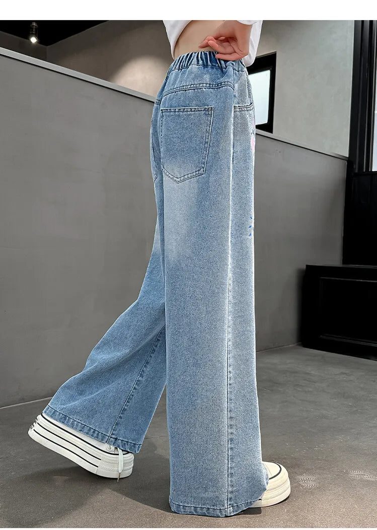 Girls' Cartoon Print Jeans Autumn Teenage Children's Fashion Wide Leg Denim Pants Kids Spring Outwear