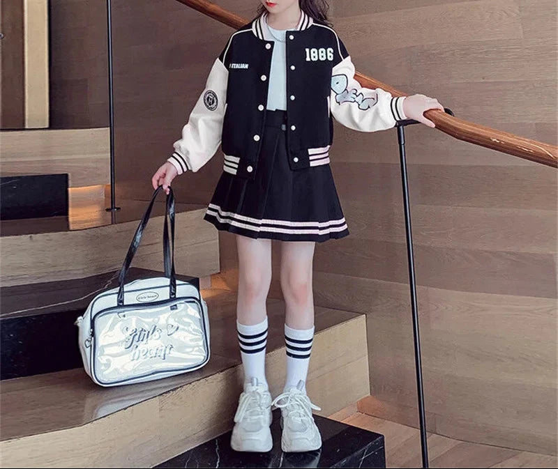 2 pcs Spring Autumn Kids Baseball Sports Suit Children Jacket Pleated Skirt