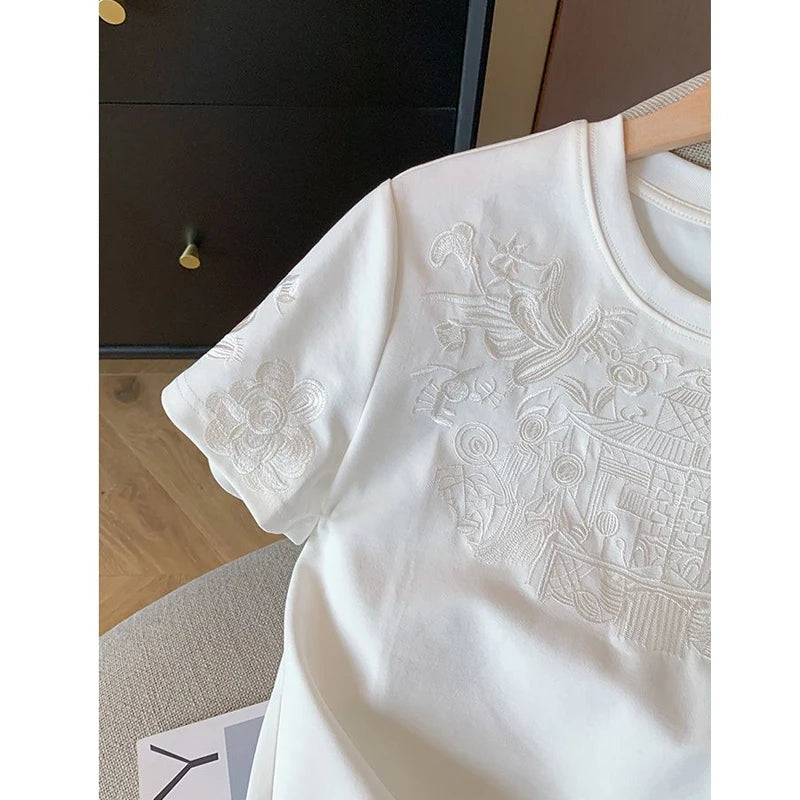 Women Clothing Summer Fashion Vintage Embroidery White Cotton Basic T Shirt Female Simple Casual O Neck Short Sleeve Loose Tops