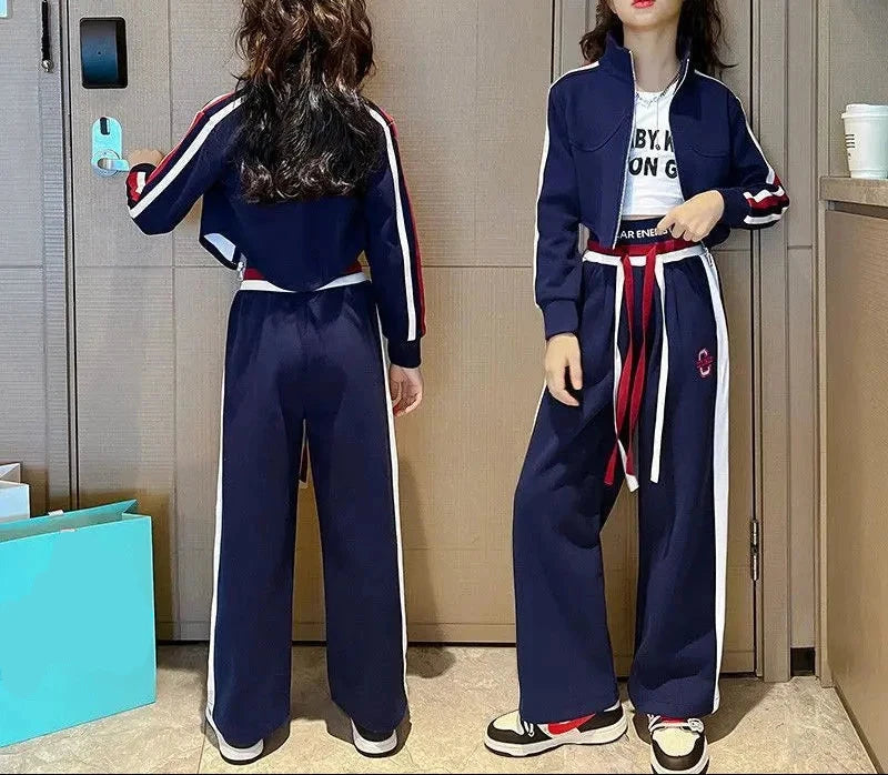 Teenager Girl Sports Autumn Winter Kids Clothes Crop Top Hooded Jacket + Wide Leg Pants Tracksuit Children 9 10 11 12 13 14 Year
