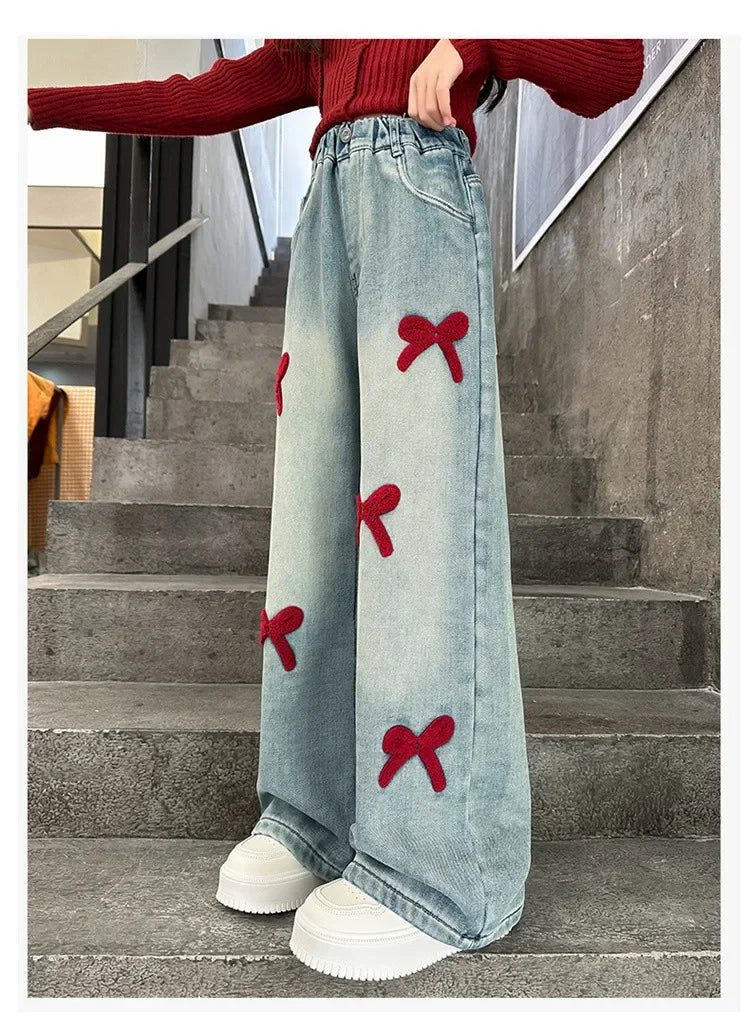 Girls Loose Wide-leg Jeans Soft Trousers Children Bowknot Embroidery Straight Denim Pants Spring Autumn Clothing 5-12 Years