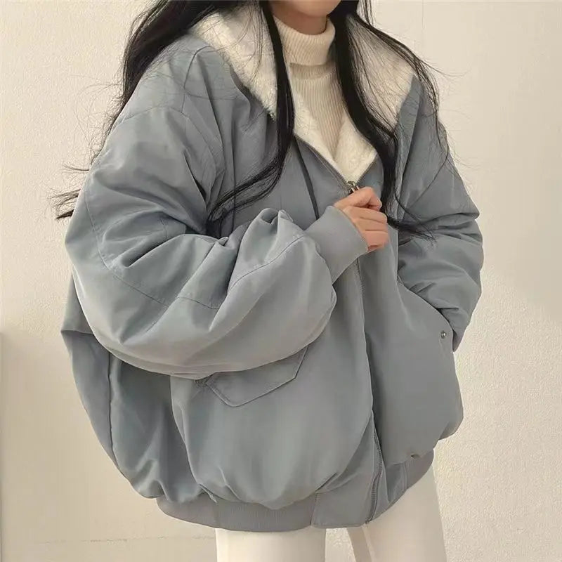 Fashion Double Sided Thicken Parkas Women Winter Warm Fleece Loose Coats Zipper Jacket