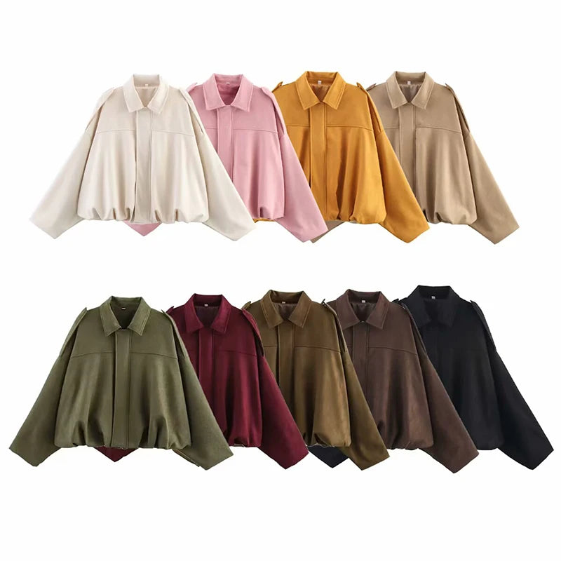 Women Suede Textured Jacket Long Sleeve Lapel Collar Loose Coats Casual Female Outerwear Chic Tops