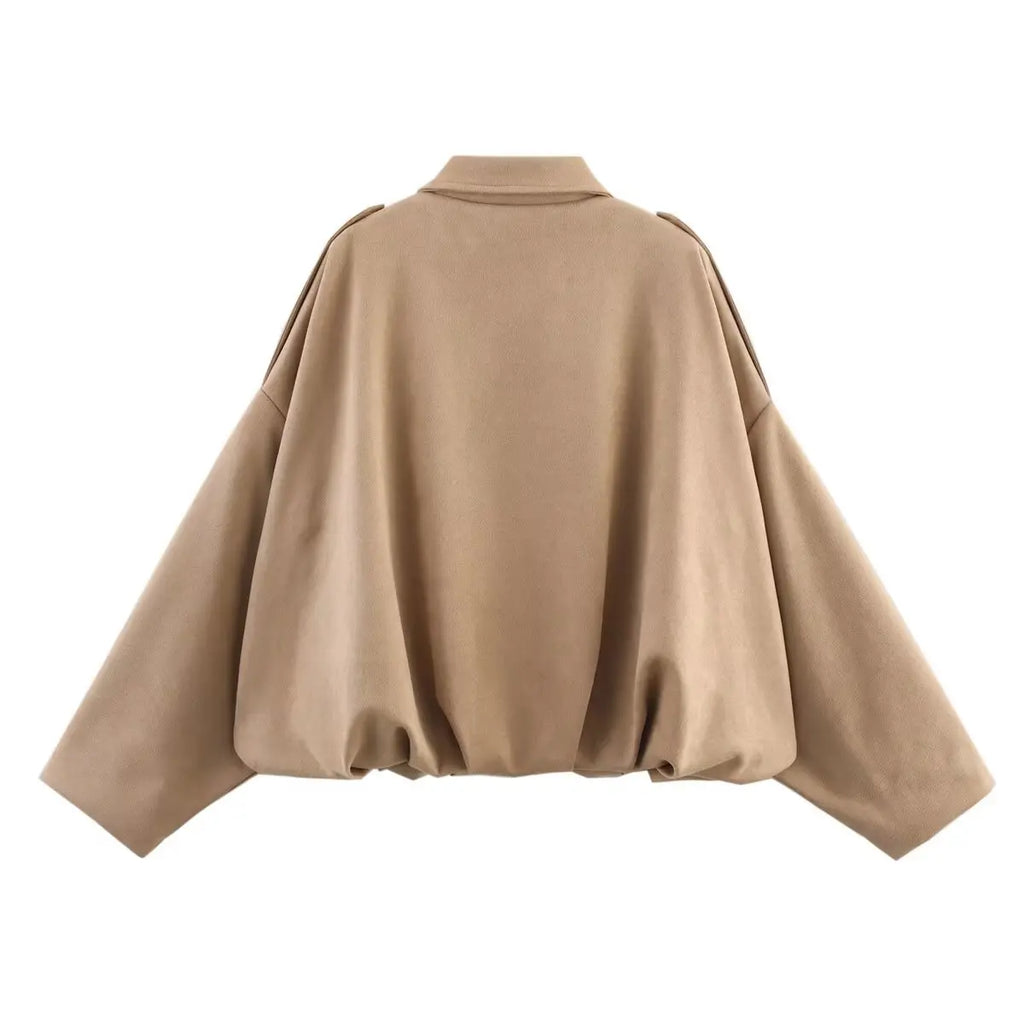 Women Suede Textured Jacket Long Sleeve Lapel Collar Loose Coats Casual Female Outerwear Chic Tops
