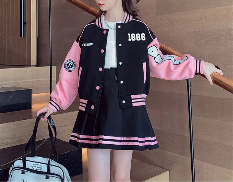 2 pcs Spring Autumn Kids Baseball Sports Suit Children Jacket Pleated Skirt