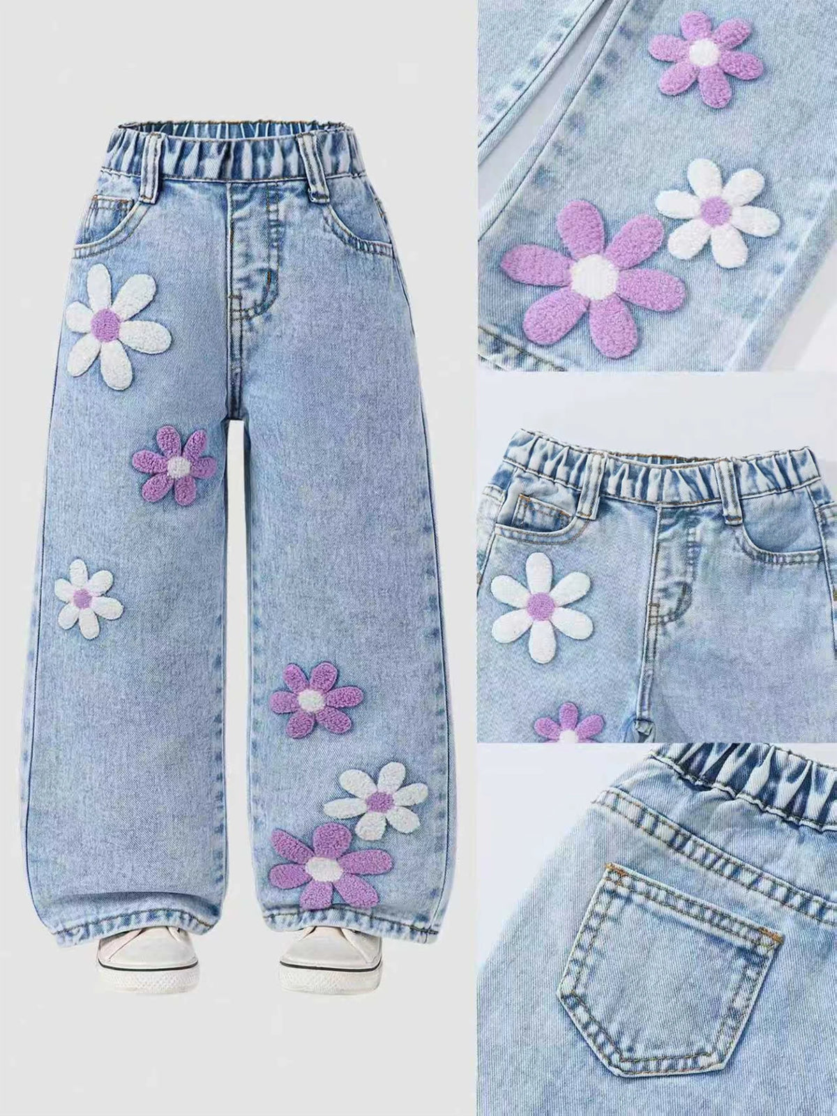 Girls' Floral-Printed Towel-Stitch Denim Jeans Versatile Casual Pants for Kids.