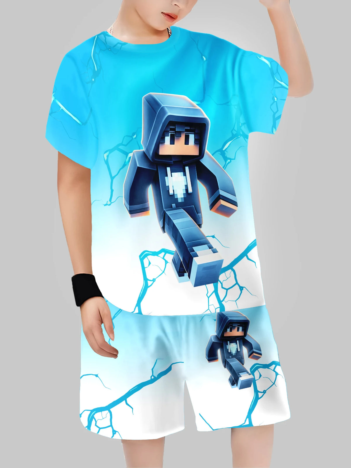 Block Man Digital Printing Casual Short + T-shirt Boys
