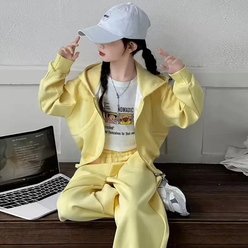 2 PCS Teenager girls Suit Clothes Bat crop Top jacket hooded & wide leg Pants