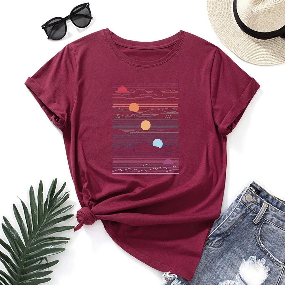 100% Cotton Summer T-Shirt Woman Loose Shirts Fashion Sunrise Print
