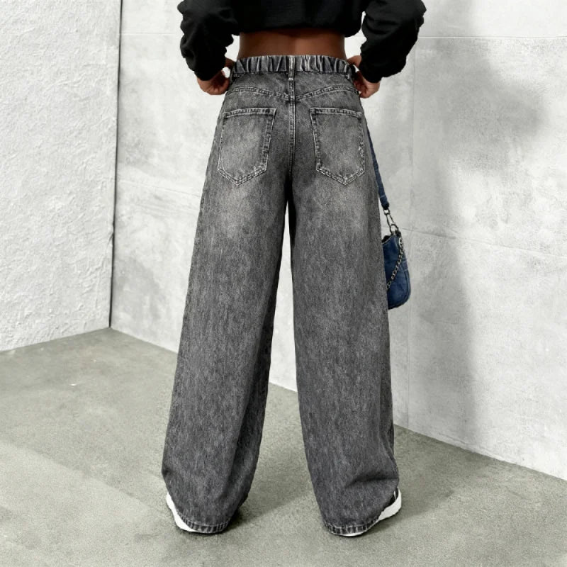 Girls' Y2K Cartoon Graffiti Print Jeans with Smiley Face