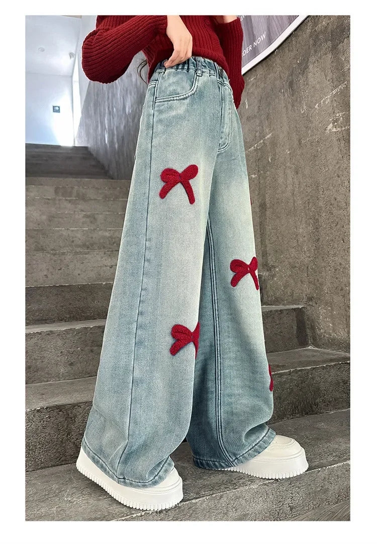 Girls Loose Wide-leg Jeans Soft Trousers Children Bowknot Embroidery Straight Denim Pants Spring Autumn Clothing 5-12 Years