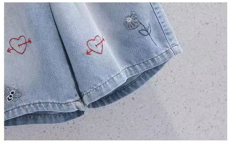 Cute Embroidery Denim Knee-length Shorts for Girls