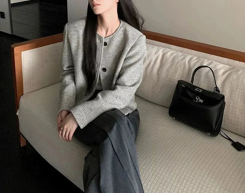 Fashion Short Jacket Women Single-Breasted Long Sleeve Tweed Outerwear