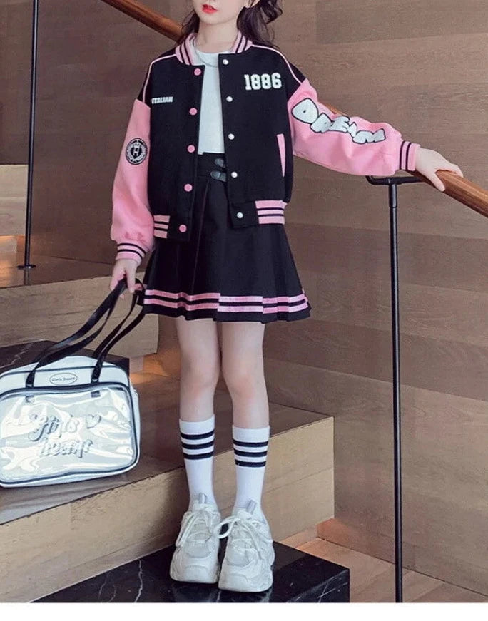 2 pcs Spring Autumn Kids Baseball Sports Suit Children Jacket Pleated Skirt