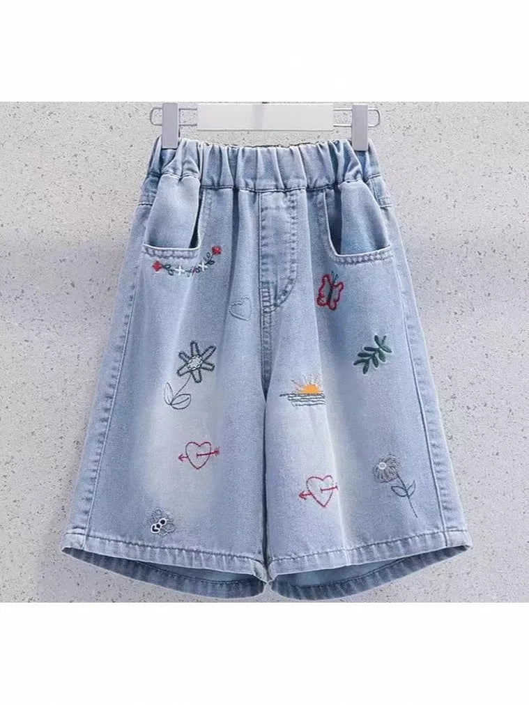 Cute Embroidery Denim Knee-length Shorts for Girls
