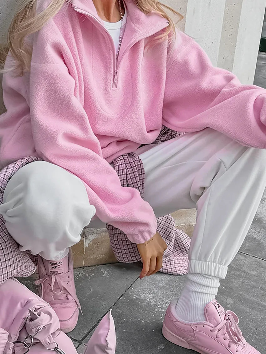Women Autumn Winter Fleece Hoodies Elegant Stand Collar Zipper Loose Sweatshirt Elegant Solid Pullover Casual Top Streetwear