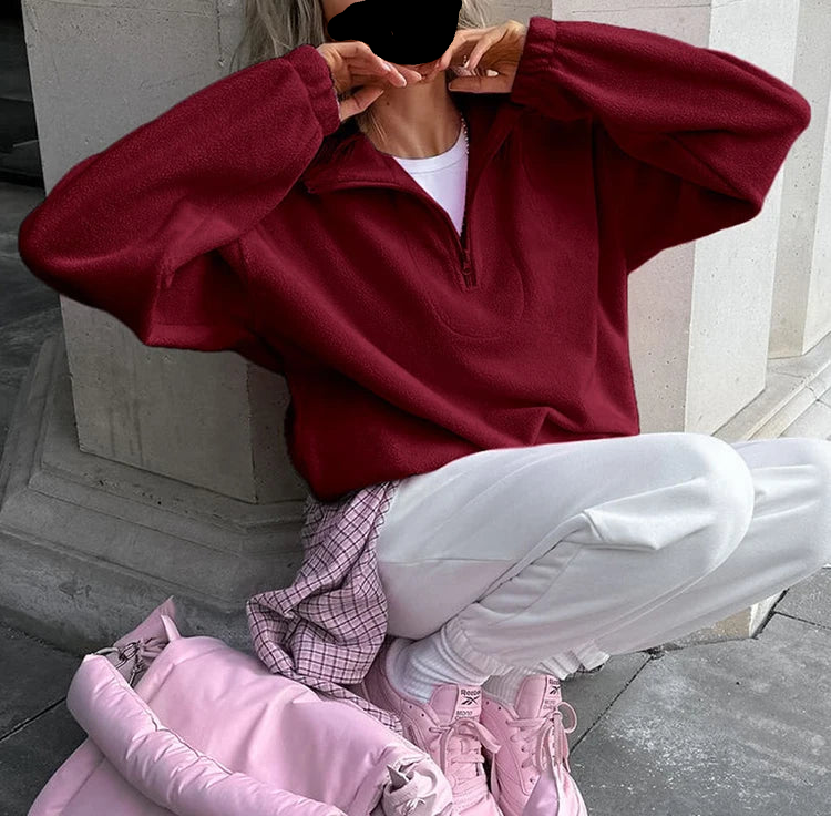 Women Autumn Winter Fleece Hoodies Elegant Stand Collar Zipper Loose Sweatshirt Elegant Solid Pullover Casual Top Streetwear