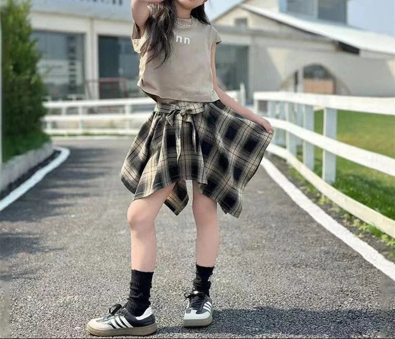 T-shirt+Plaid Irregular Skirt 2Pcs