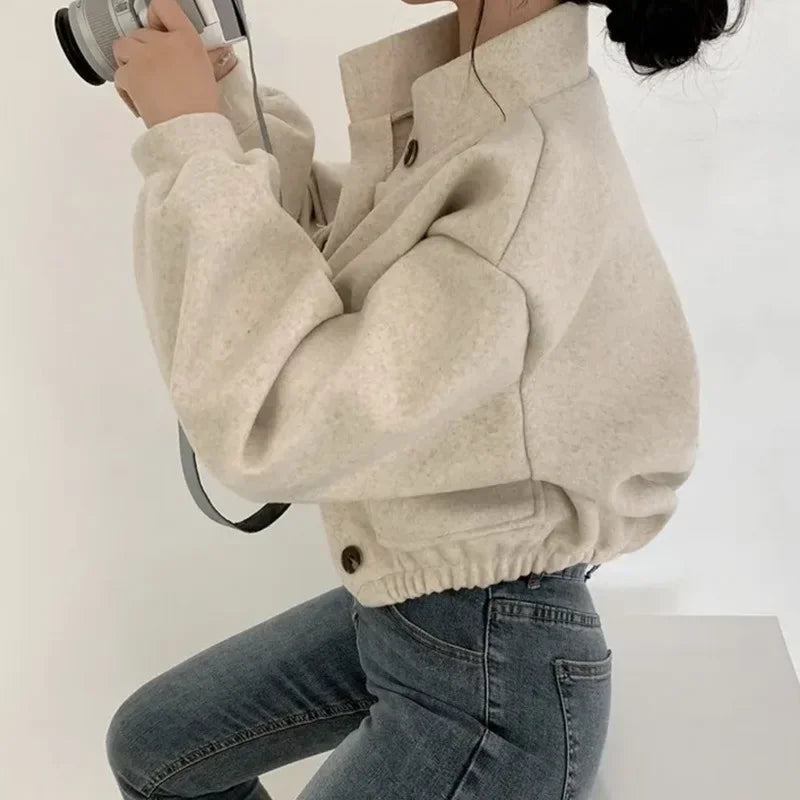 Autumn Winter Short Sleeve Wide Loose Casual Wool Coat Women Solid Fashionable