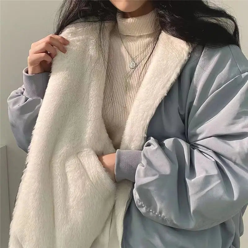 Fashion Double Sided Thicken Parkas Women Winter Warm Fleece Loose Coats Zipper Jacket