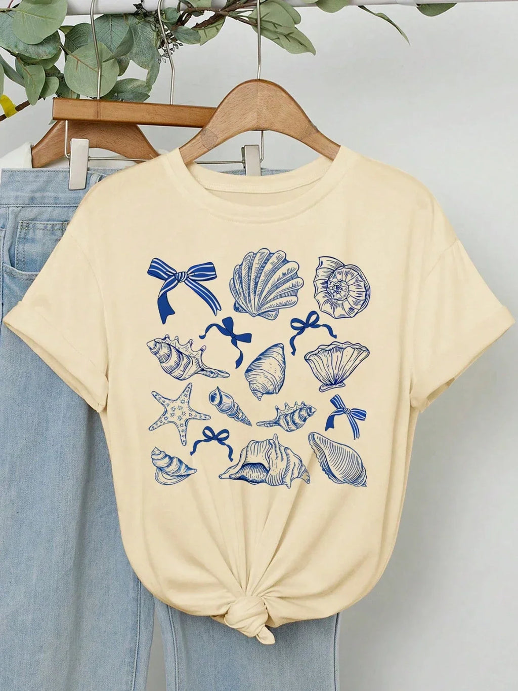 Retro Marine Animal Conch Bow Pattern Women's Top Aesthetic Clothes
