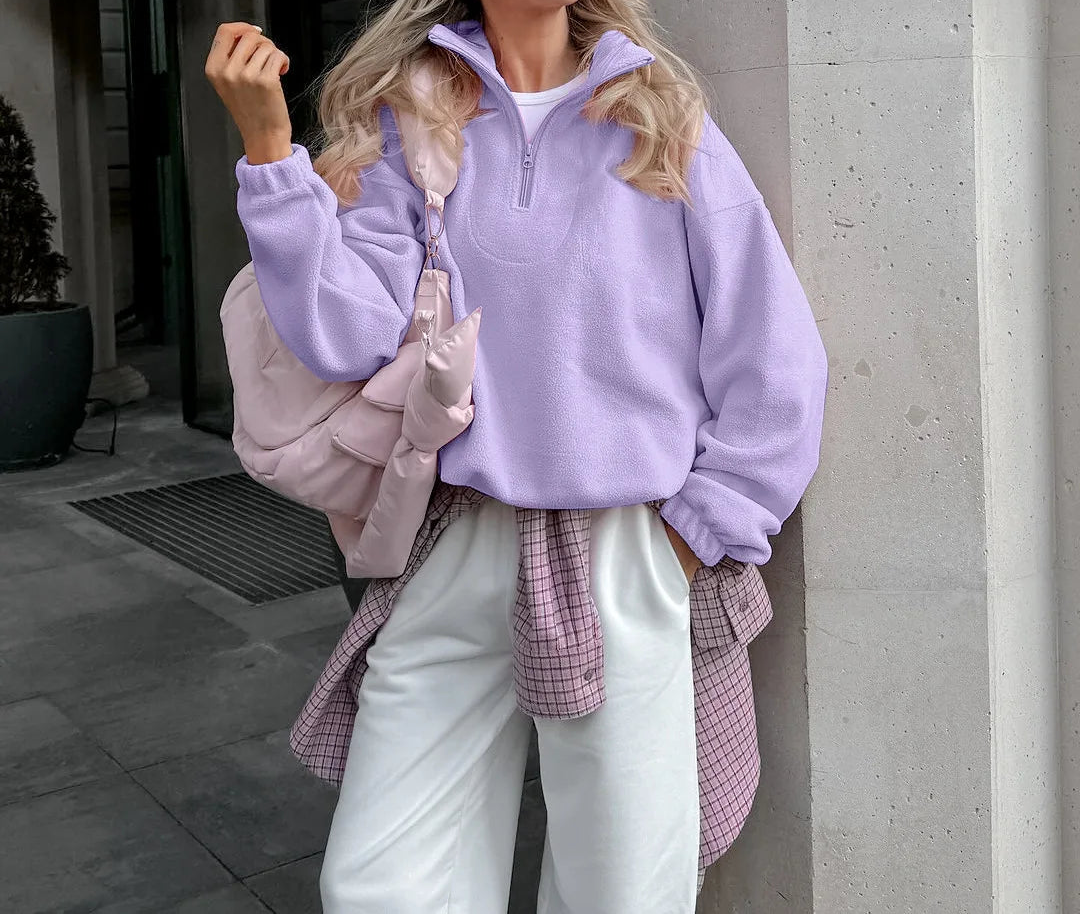Women Autumn Winter Fleece Hoodies Elegant Stand Collar Zipper Loose Sweatshirt Elegant Solid Pullover Casual Top Streetwear