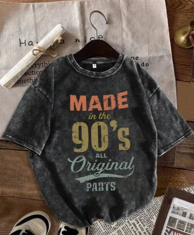 Women  Vintage T-Shirt Made In The 90s Print Washed Tee Casual Short Sleeve O-Neck Retro