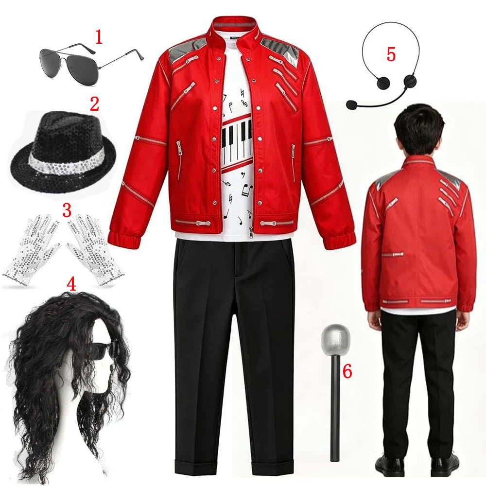 Kids Cosplay Dance Star Costume Set Red Printed 80s 90s Stage Party Outfit