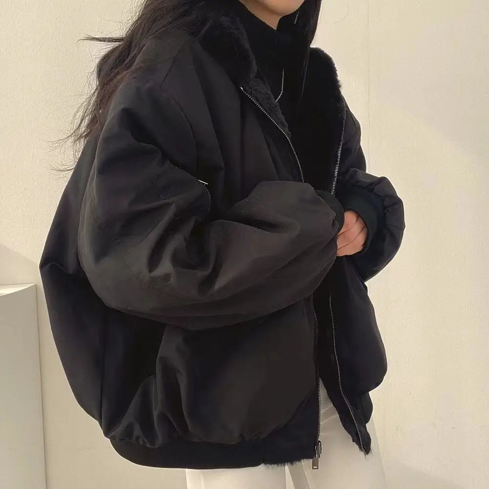 Fashion Double Sided Thicken Parkas Women Winter Warm Fleece Loose Coats Zipper Jacket