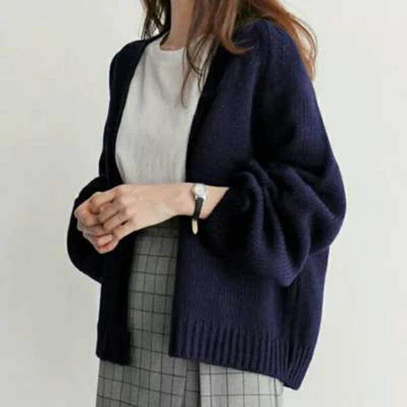 Autumn Fashion Women Loose Knitted Cardigan Short Sweater Jacket V Neck New Casual Office Solid Color Elegant Long Sleeve Coats