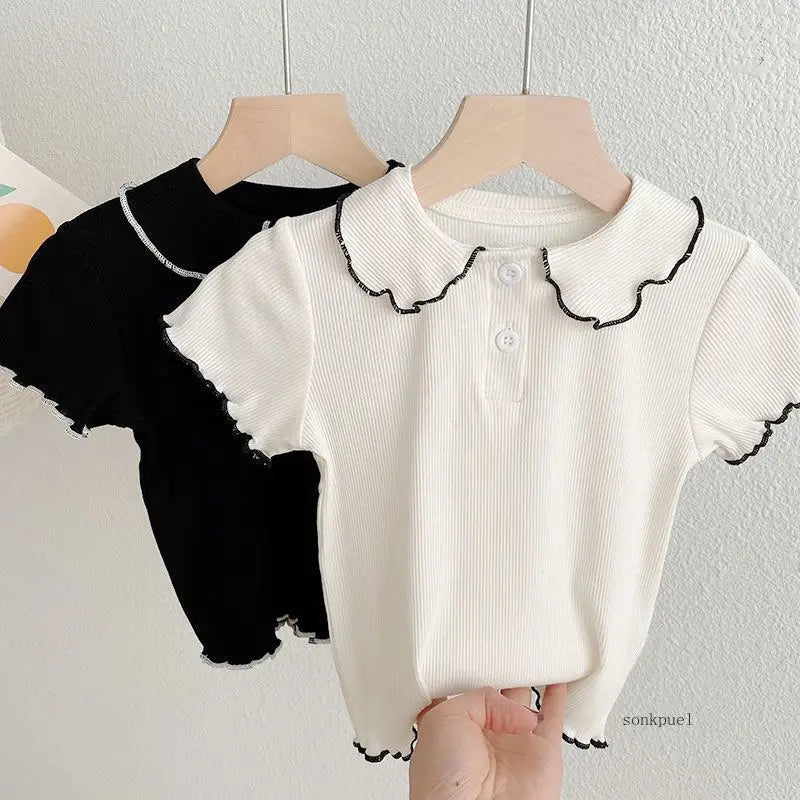 Girls' Summer Short-Sleeve T-Shirt Children Little Doll Collar Top Baby Summer Thin Half-Sleeve Base Shirt