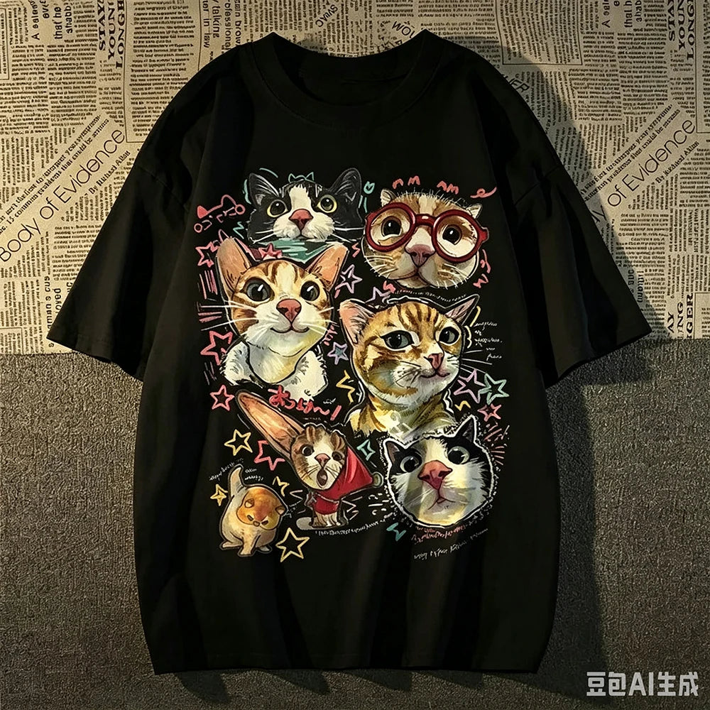 Vintage Funny Cat Graphic T‑Shirt  Women Retro Cartoon Kitten Print Crew Neck Short Sleeve Oversized