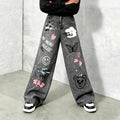 Girls' Y2K Cartoon Graffiti Print Jeans with Smiley Face
