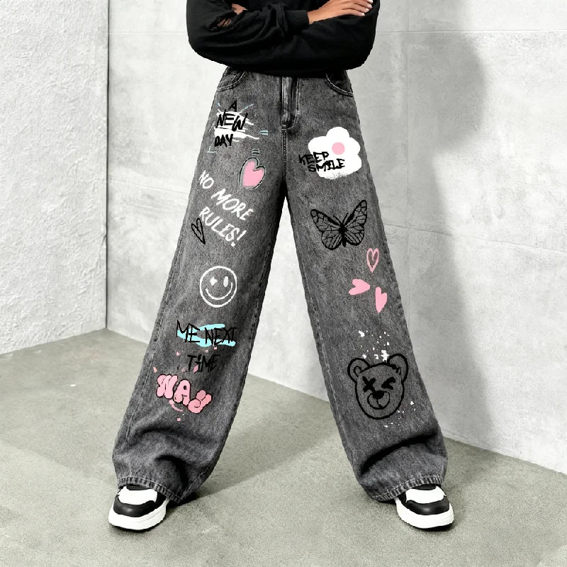 Girls' Y2K Cartoon Graffiti Print Jeans with Smiley Face