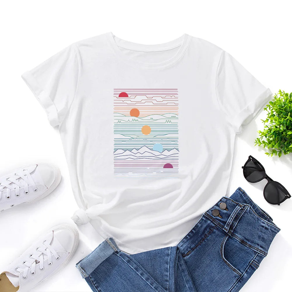 100% Cotton Summer T-Shirt Woman Loose Shirts Fashion Sunrise Print