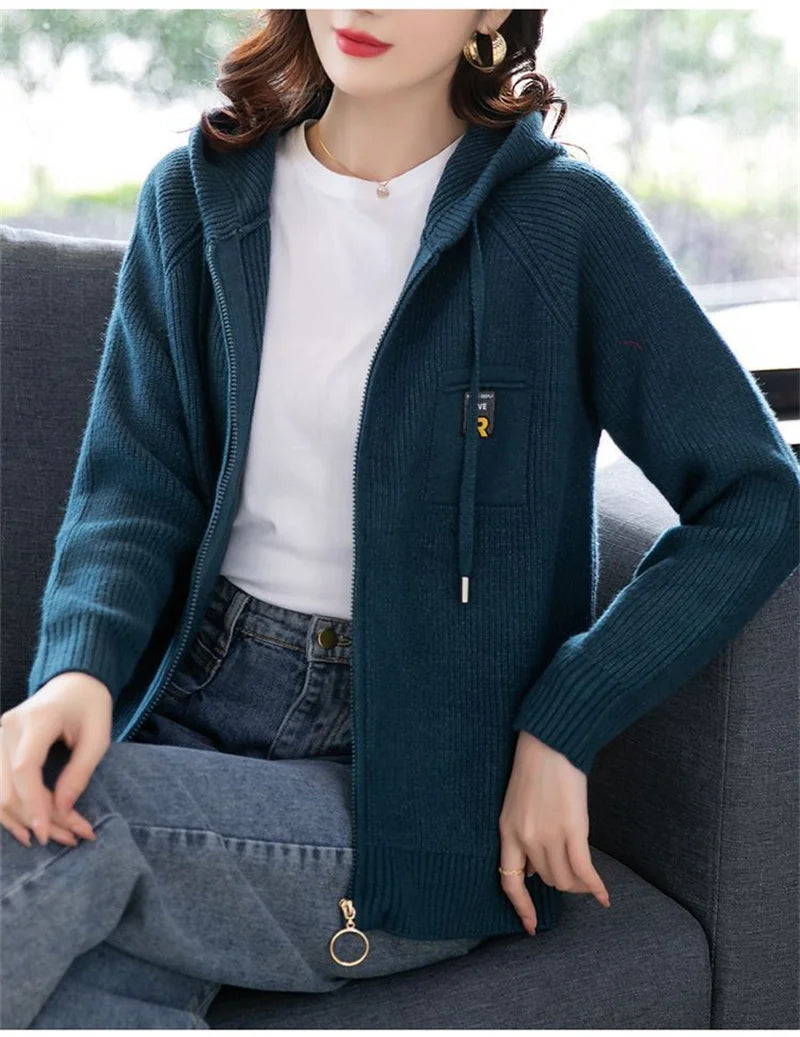 Fall/Winter New Knitted Cardigan Coat Women Hooded  Jacket Fashion