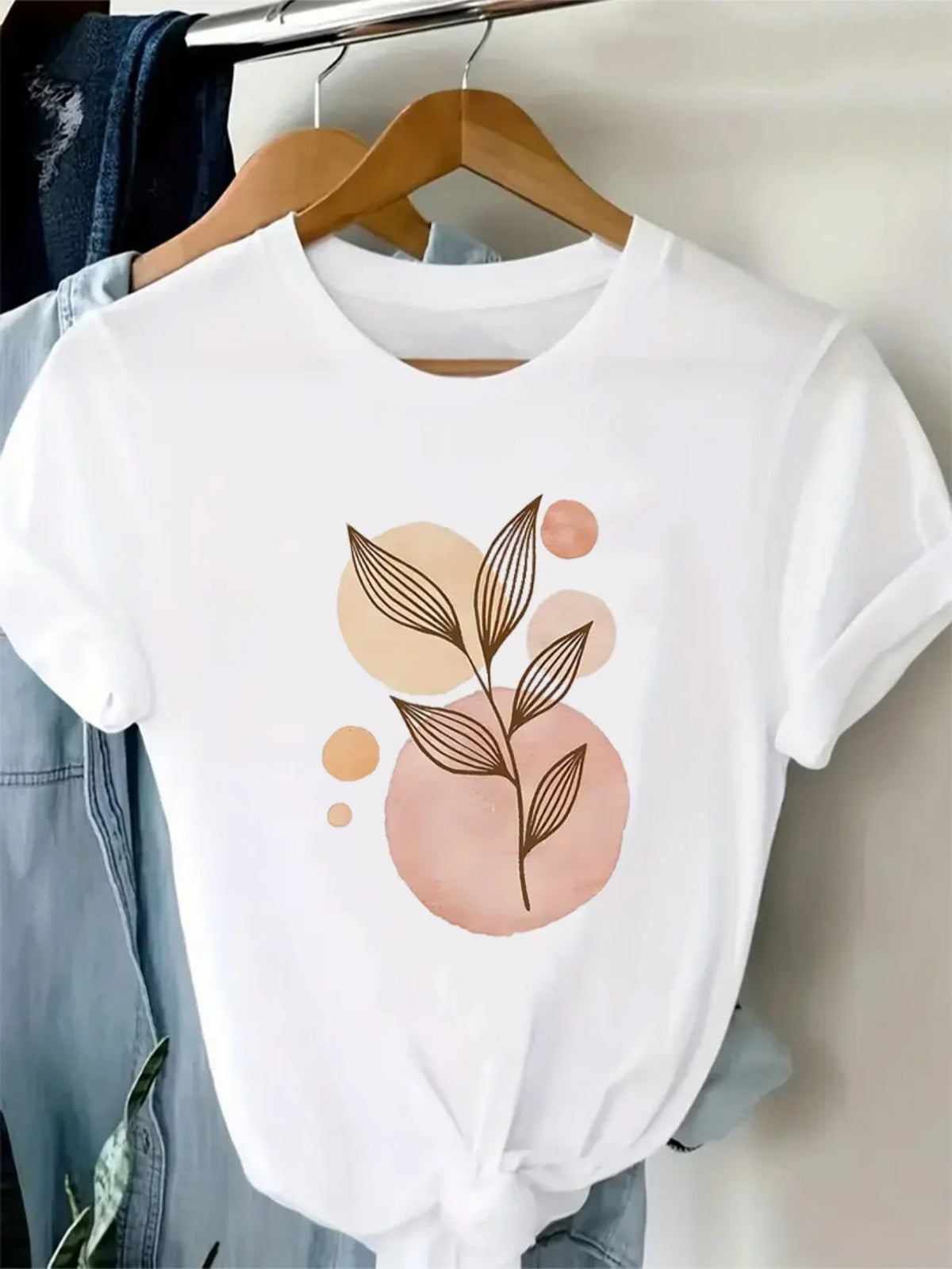 T-Shirt Casual Trendy Leaf and Flower Design Print Crew Neck Tops Graphic Vintage