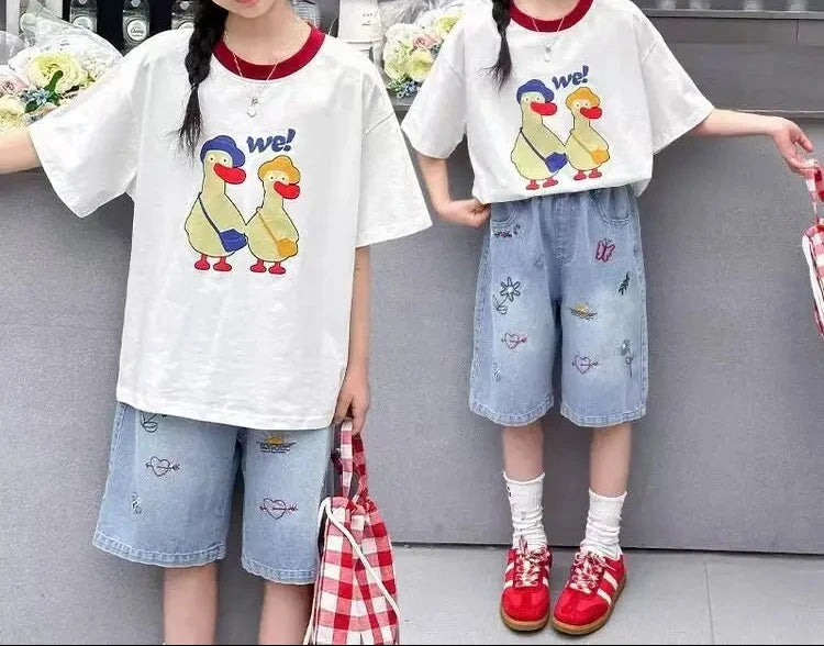 Cute Embroidery Denim Knee-length Shorts for Girls