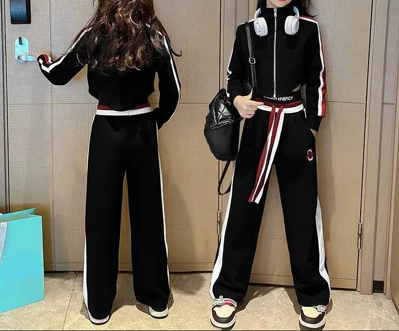Teenager Girl Sports Autumn Winter Kids Clothes Crop Top Hooded Jacket + Wide Leg Pants Tracksuit Children 9 10 11 12 13 14 Year