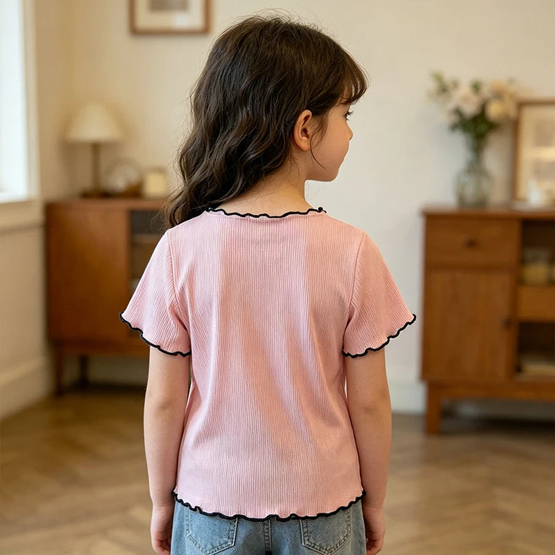 Girls Cartoon Print Ruffle Trim T-Shirt