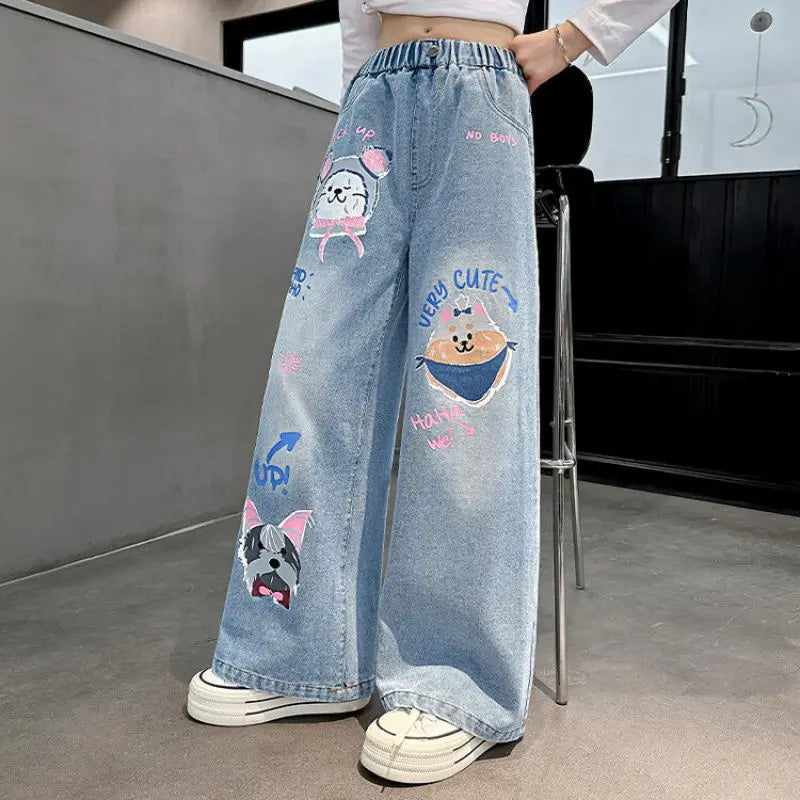 Girls' Cartoon Print Jeans Autumn Teenage Children's Fashion Wide Leg Denim Pants Kids Spring Outwear