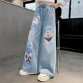 Girls' Cartoon Print Jeans Autumn Teenage Children's Fashion Wide Leg Denim Pants Kids Spring Outwear