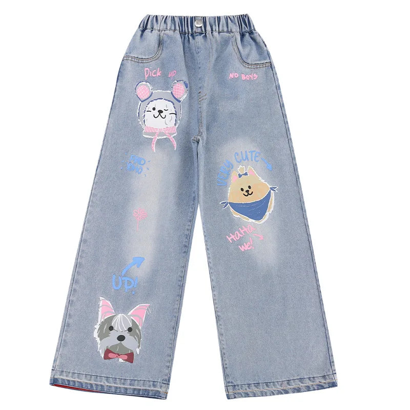 Girls' Cartoon Print Jeans Autumn Teenage Children's Fashion Wide Leg Denim Pants Kids Spring Outwear