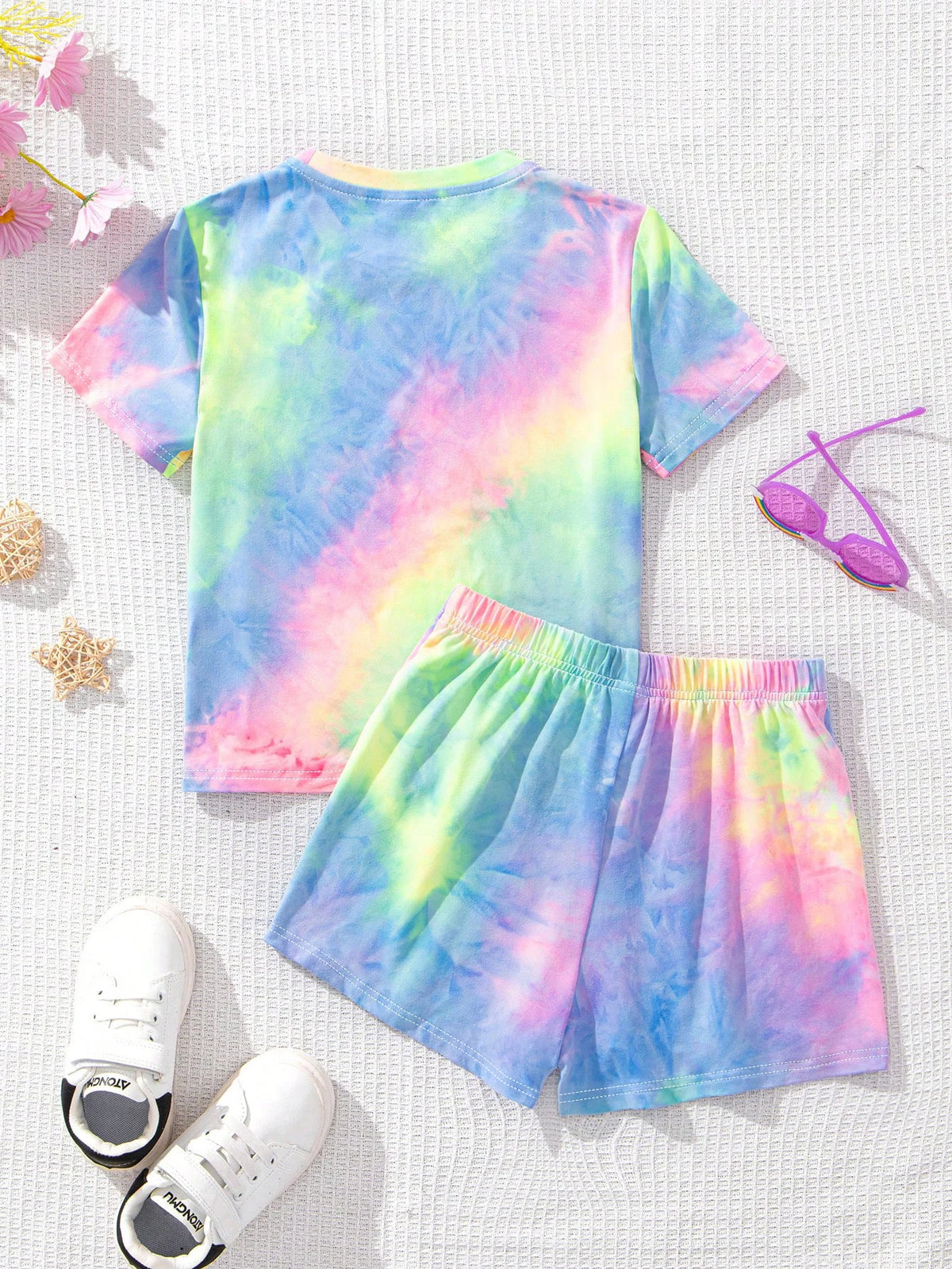 Girls 2Pcs Tie-Dye K-POP Cute Idol Print T-Shirt & Shorts