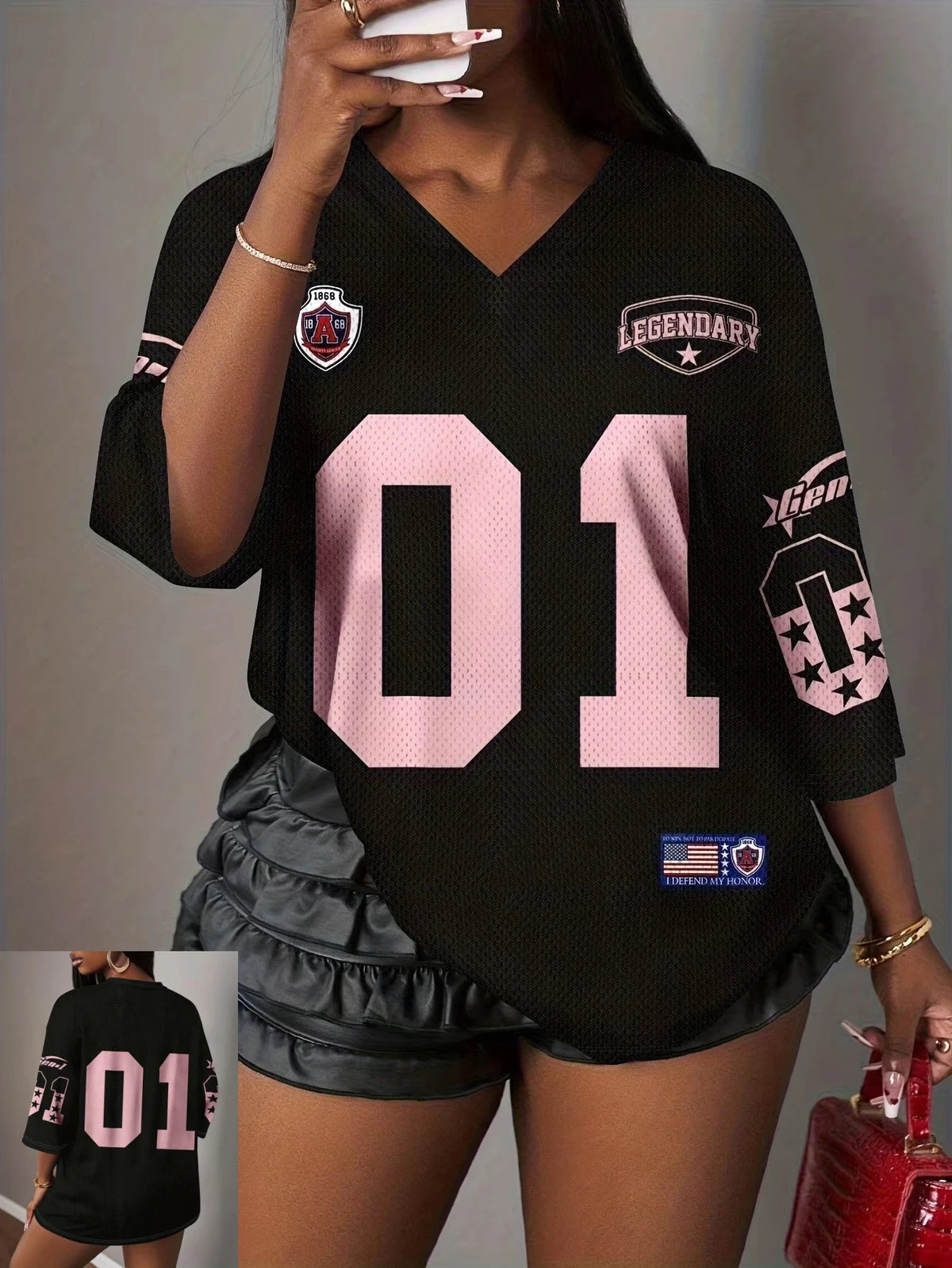 T-shirt Number 01 Print Breathable Fabric Loose Summer Season Tops