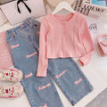 2 pcs  Girls Clothing Set Solid Color Long Sleeve Top+Letter Print Wide Leg Jeans