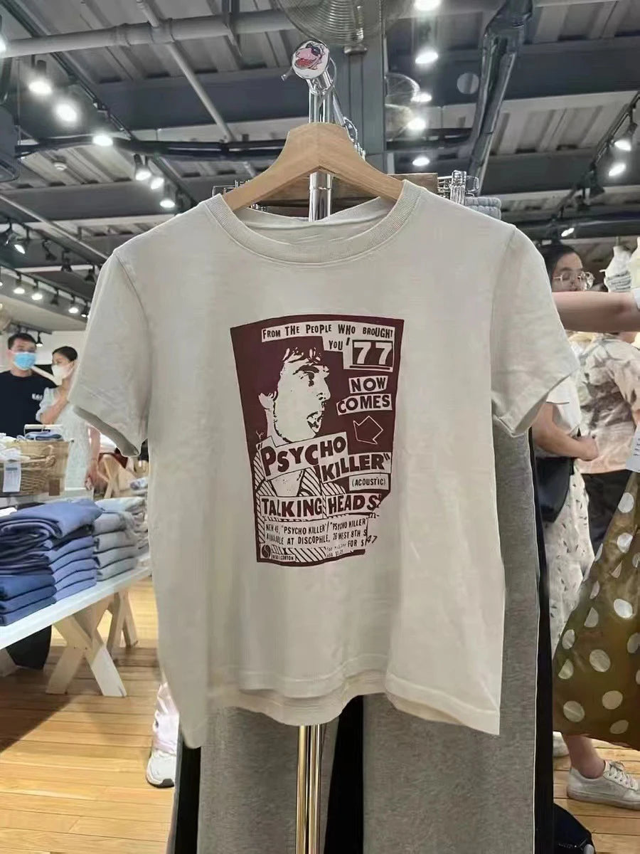 Vintage T Shirt Women Casual Summer White Round Neck Short
