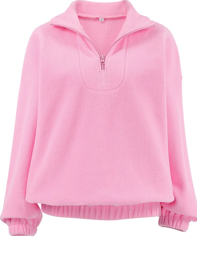 Women Autumn Winter Fleece Hoodies Elegant Stand Collar Zipper Loose Sweatshirt Elegant Solid Pullover Casual Top Streetwear