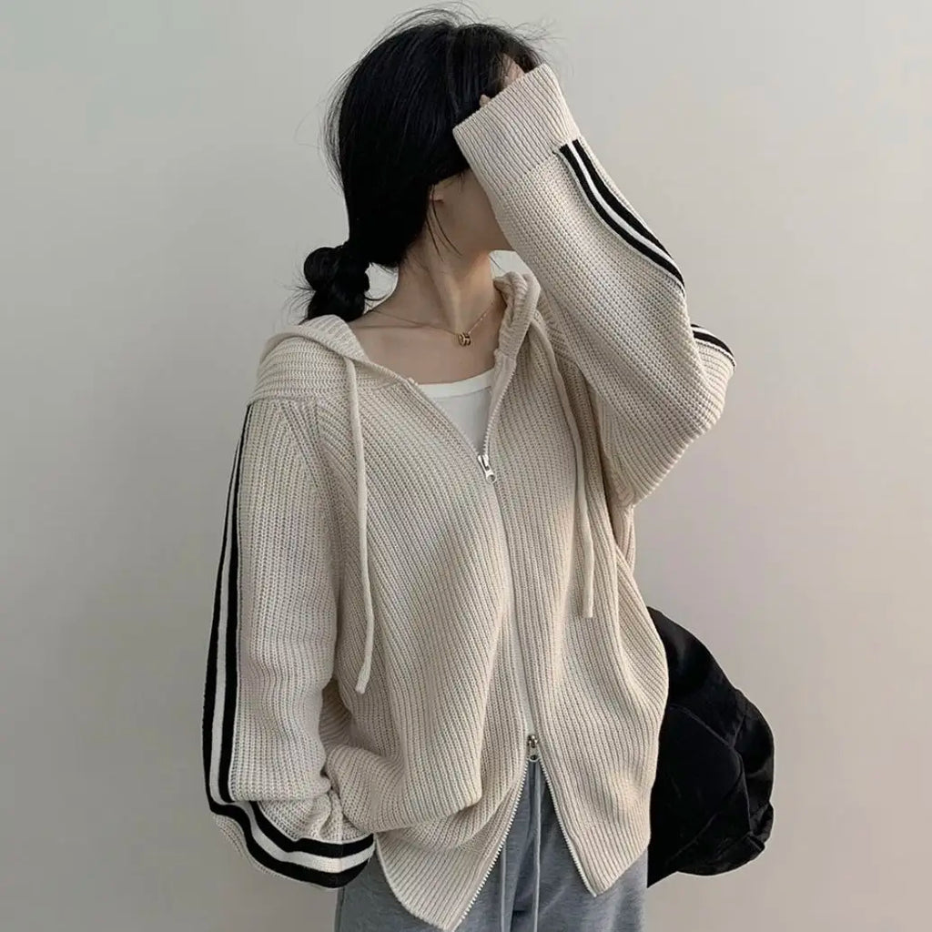 Double Zipper Knitted Cardigans Women Autumn Winter Thicken Warm Hooded Sweater